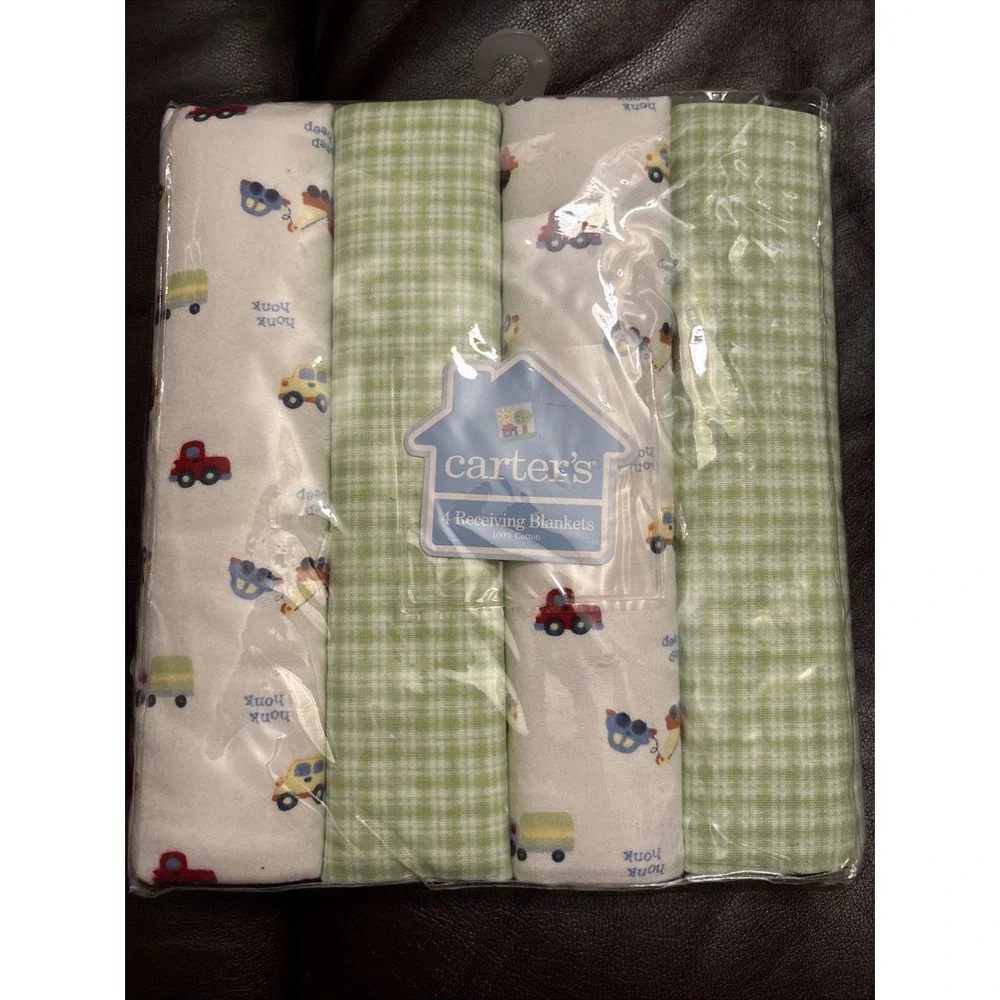 NWT Carters Baby Boy Receiving Blankets Car Green‎ Blue 4 Pack 30x40 Beep Beep